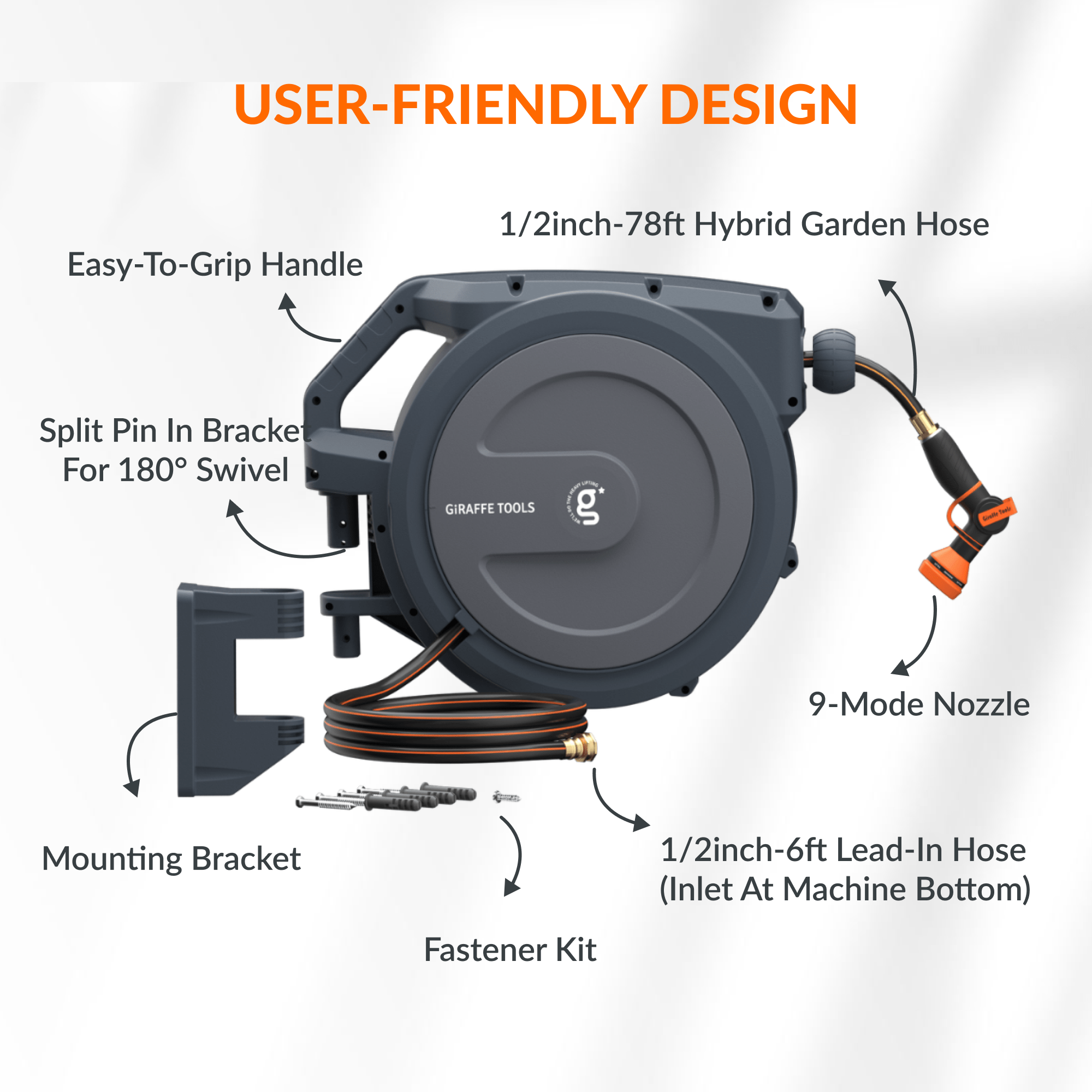 Giraffe Tools Retractable Garden Hose Reel - 78ft Wall Mount Auto Rewind