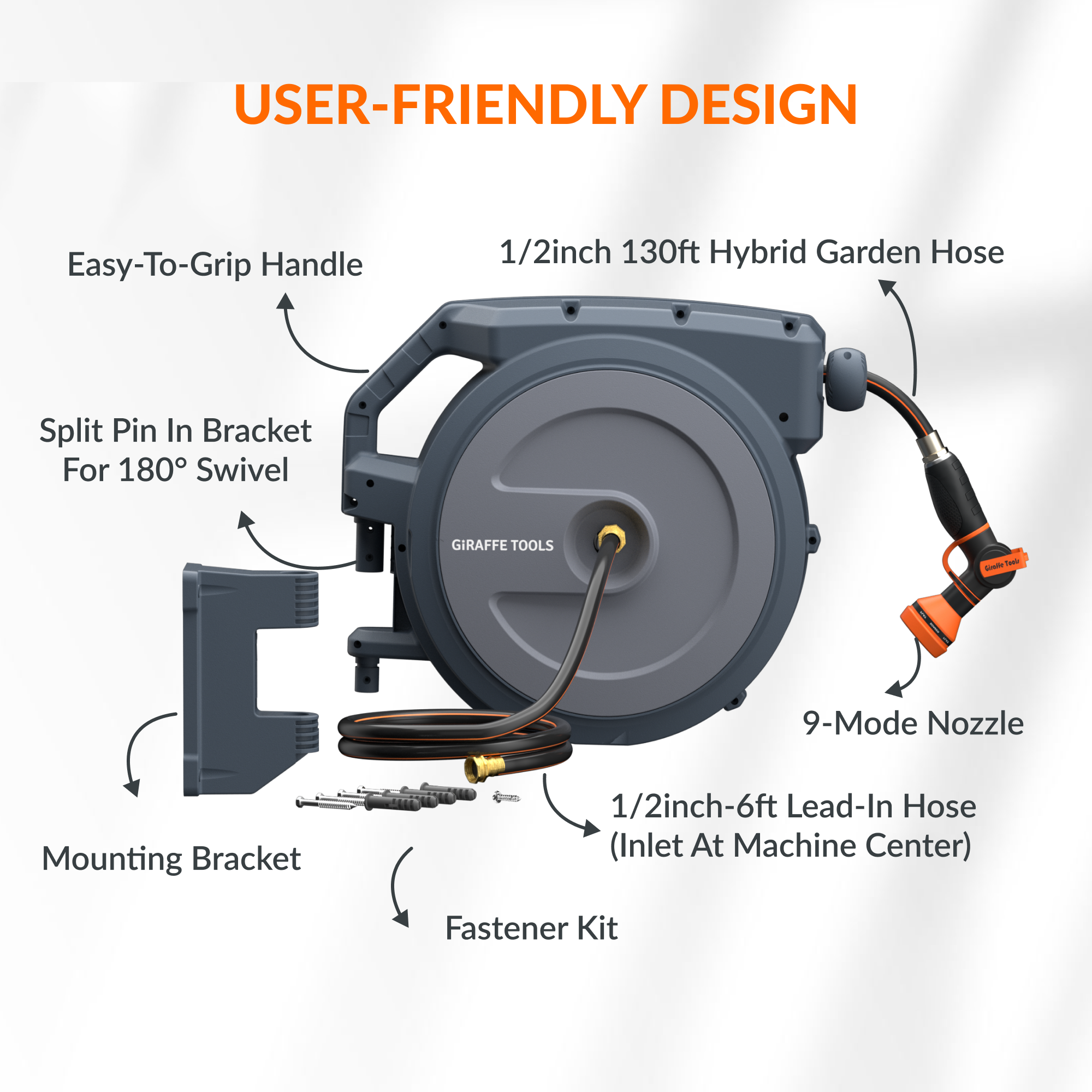 Giraffe Tools Retractable Garden Hose Reel - 130ft Wall Mount with 300lb Bracket