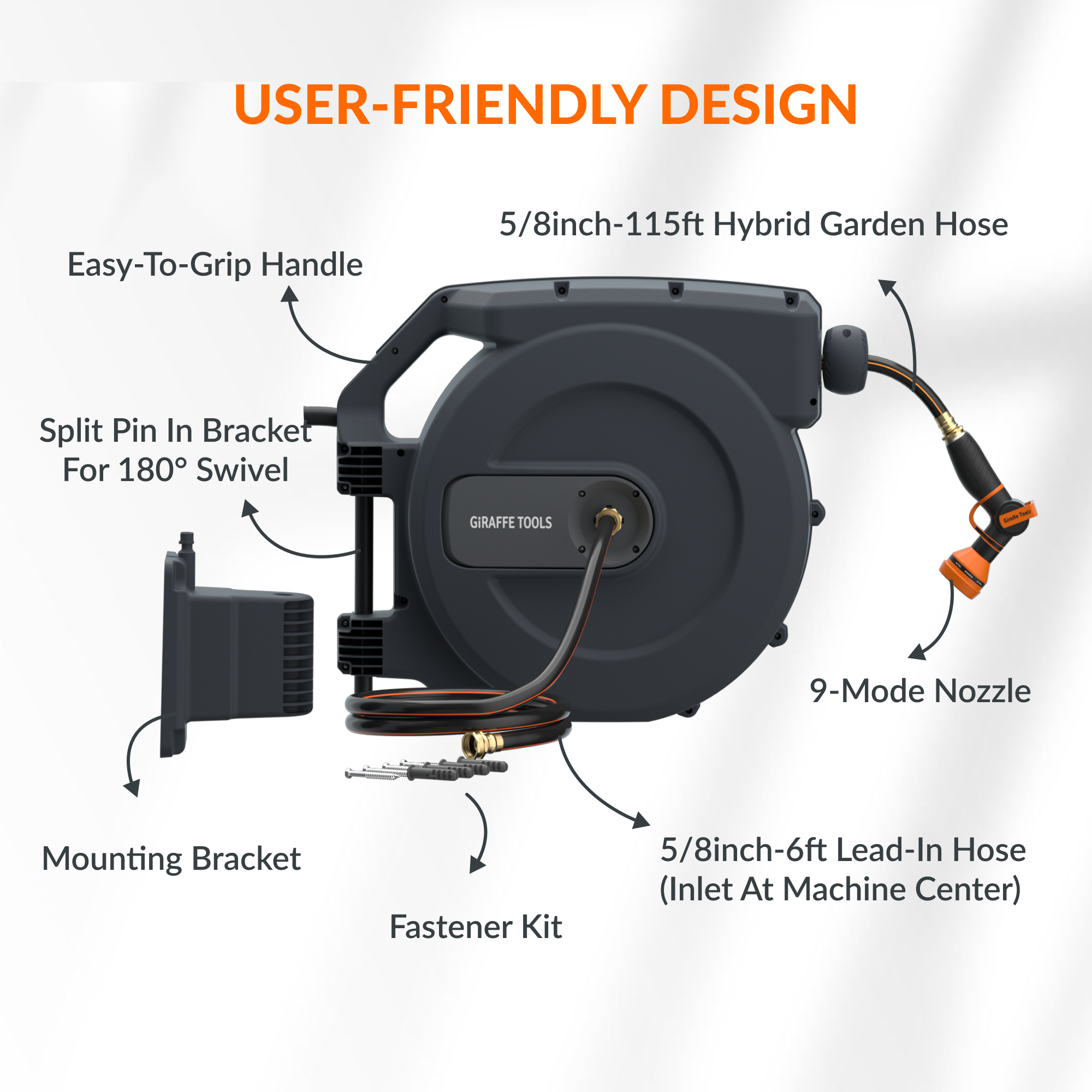 Giraffe Tools Retractable Garden Hose Reel - 115ft 5/8" Wall Mount Auto Rewind