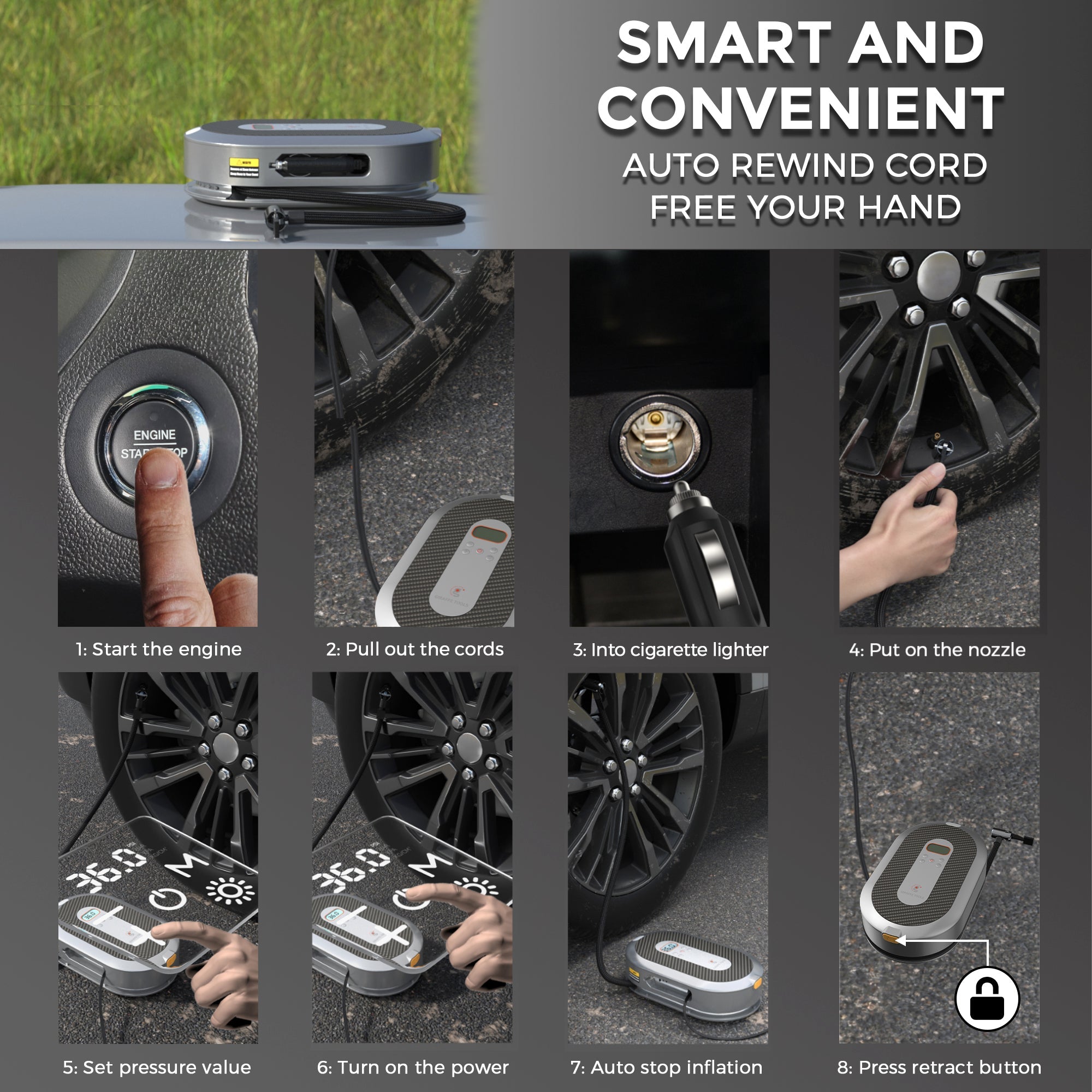 Giraffe Tools Portable Tire Inflator - 150 PSI Air Compressor with Auto Shutoff