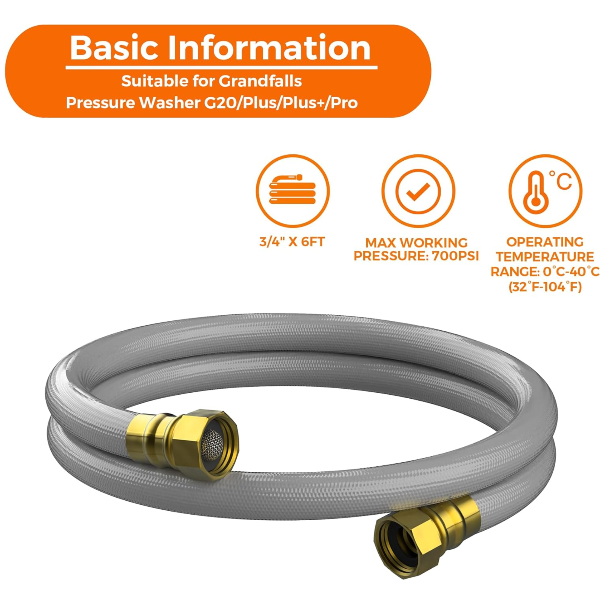 Giraffe Tools Pressure Washer Lead-In Hose - 6ft Replacement Inlet Hose