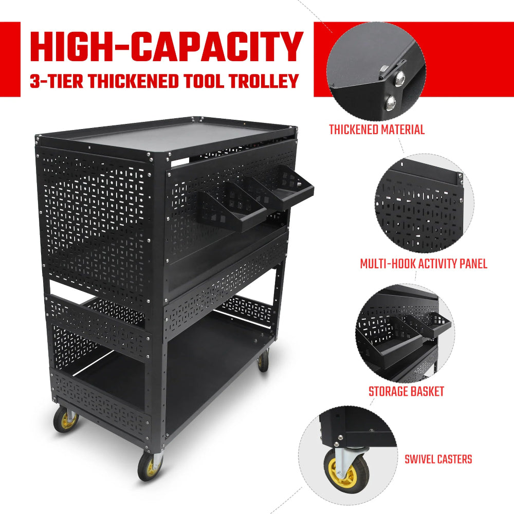 Black high-capacity 3-tier thickened tool trolley with features highlighted on a white background.