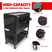 Black high-capacity 3-tier thickened tool trolley with features highlighted on a white background.