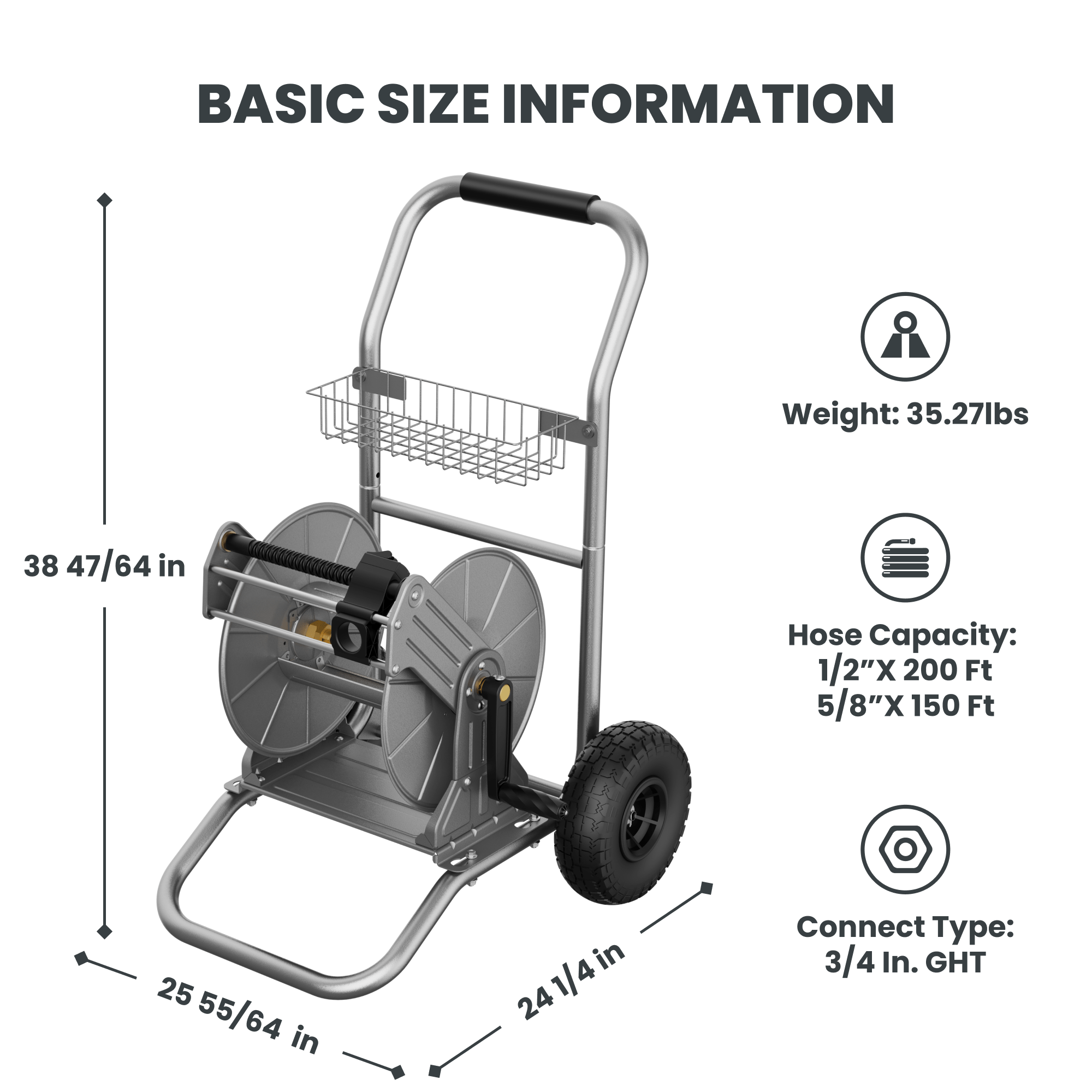 Giraffe Tools Hose Reel Cart with 2 Wheels - Stainless Steel 200ft Capacity