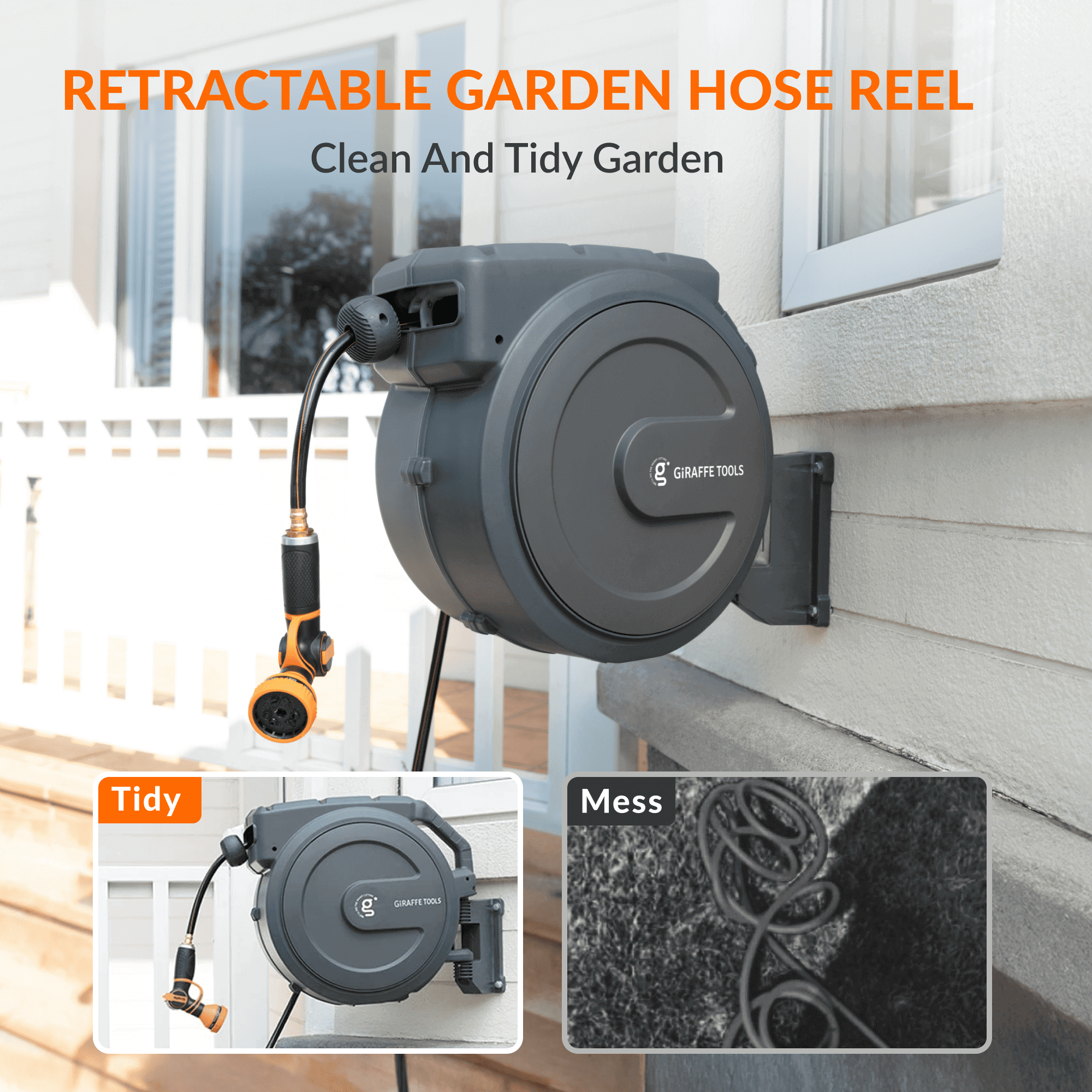 Giraffe Tools Retractable Garden Hose Reel - 115ft 5/8" Wall Mount Auto Rewind