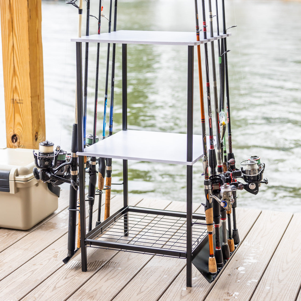 StoreYourBoard Tarpon Fishing Rod Organizer with 3 Shelves | Holds 10 Rods