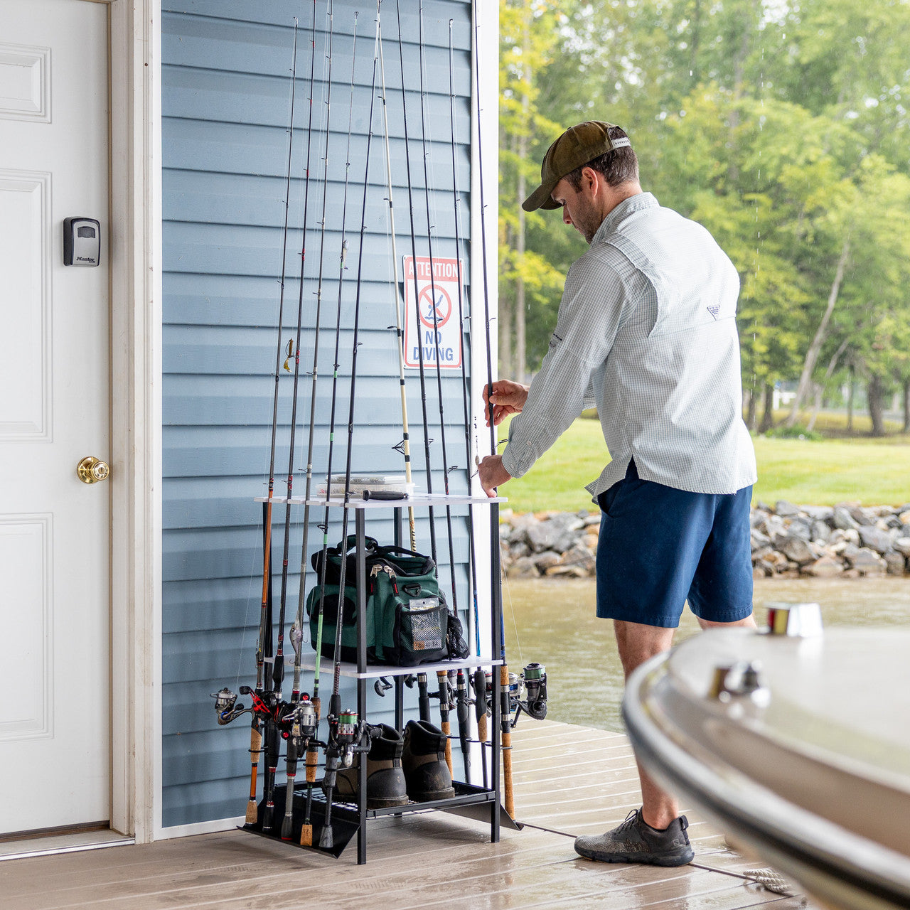 StoreYourBoard Tarpon Fishing Rod Organizer with 3 Shelves | Holds 10 Rods