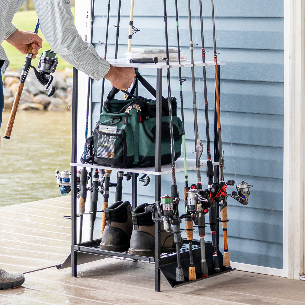 StoreYourBoard Tarpon Fishing Rod Organizer with 3 Shelves | Holds 10 Rods