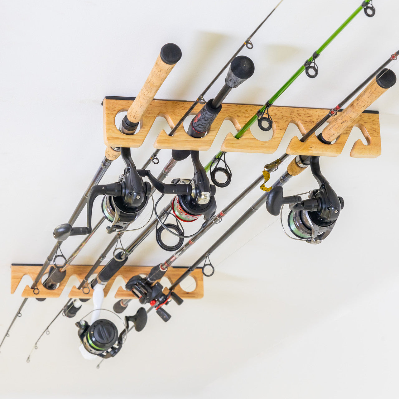 StoreYourBoard Stillwater Wood Fishing Rod Rack | Wall or Ceiling Mount | Holds 8 Rods & Reels