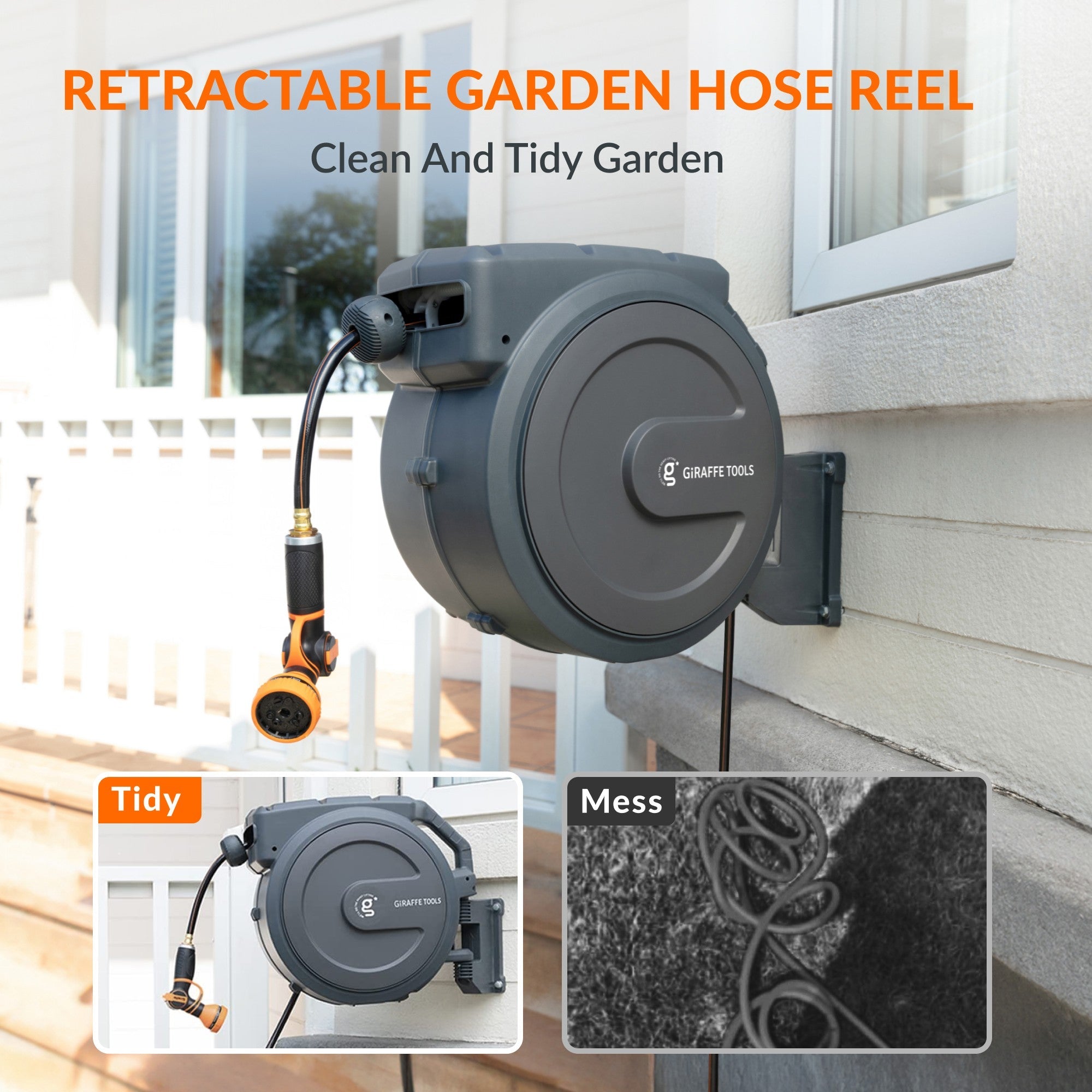 Giraffe Tools Retractable Garden Hose Reel - 78ft Wall Mount Auto Rewind