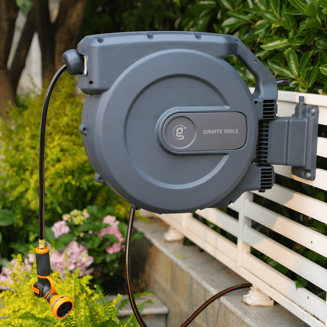 Giraffe Tools Retractable Garden Hose Reel - 115ft 5/8" Wall Mount Auto Rewind
