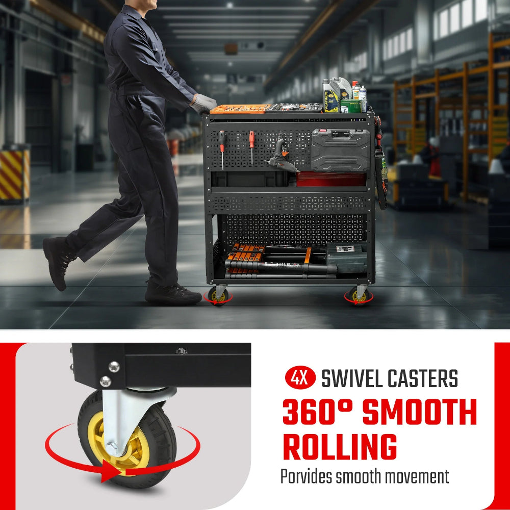 Person pushing a tool cart with 4x swivel casters in a warehouse setting.