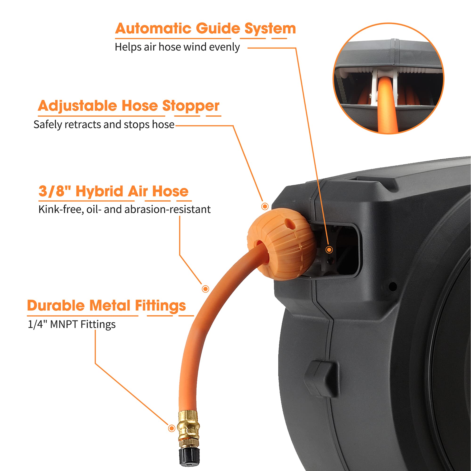 Giraffe Tools Retractable Air Hose Reel - Auto Rewind with 180° Swivel Bracket