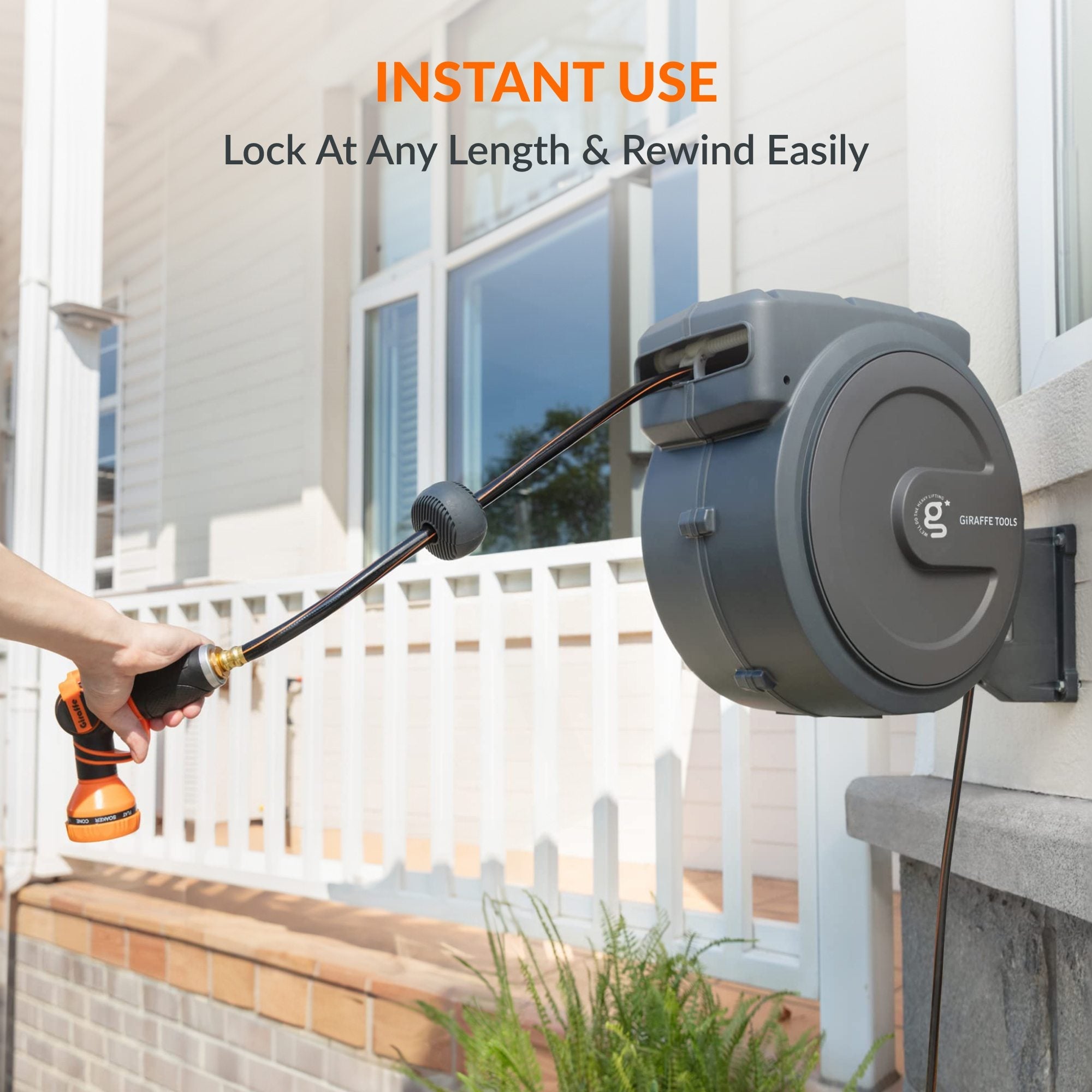 Giraffe Tools Retractable Garden Hose Reel - 78ft Wall Mount Auto Rewind
