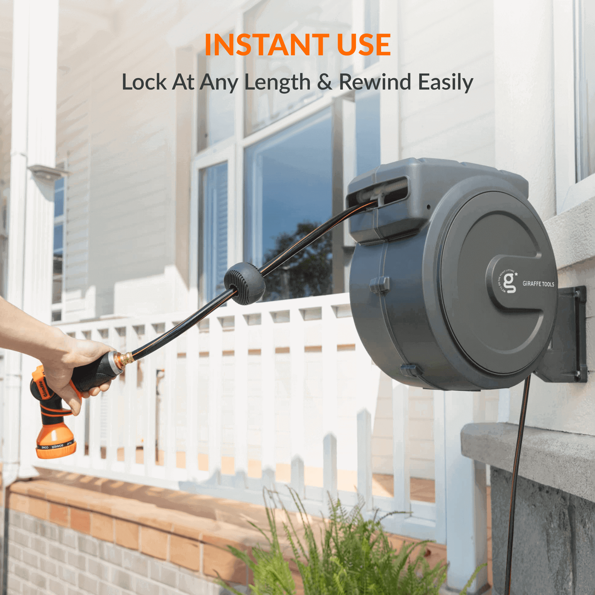 Giraffe Tools Retractable Garden Hose Reel - 100ft Wall Mount with 300lb Bracket