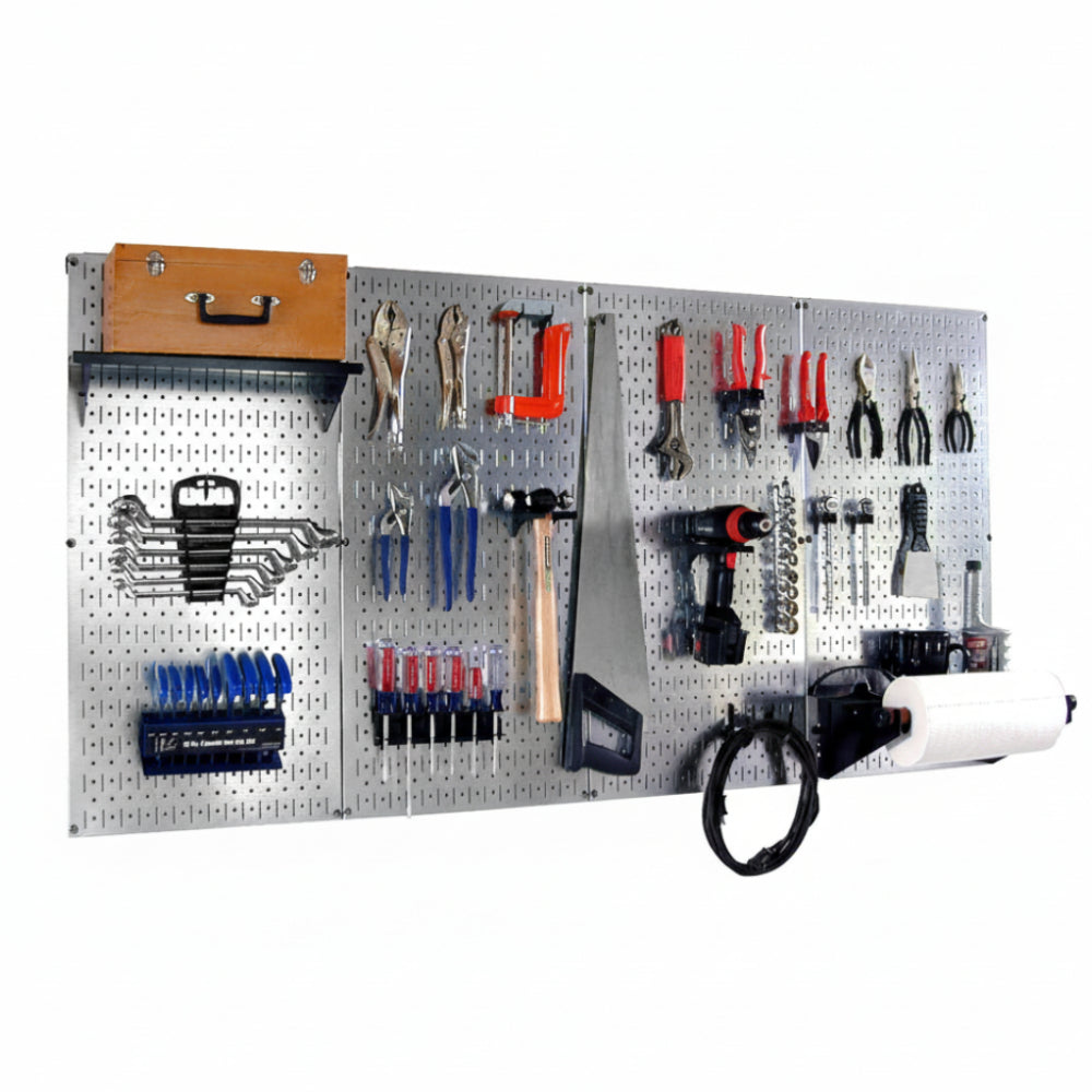 Steel Pegboard with various tools and equipment on a white background