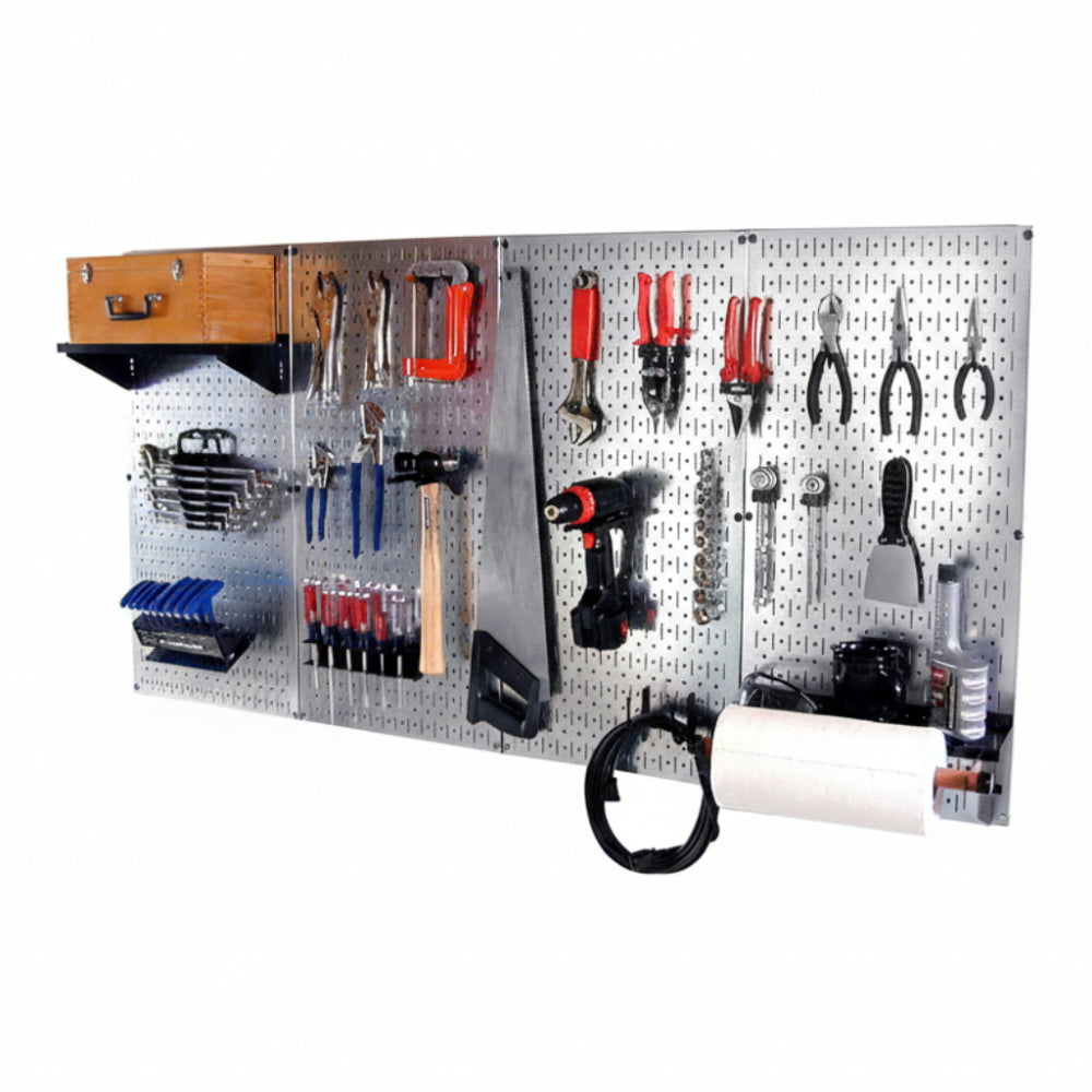 Metal pegboard wall with various tools and equipment hanging on it