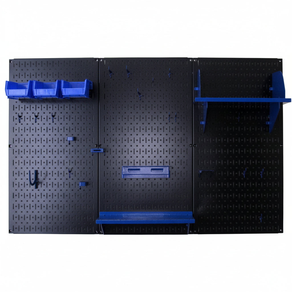 Black pegboard wall with blue shelves and tools on a white background