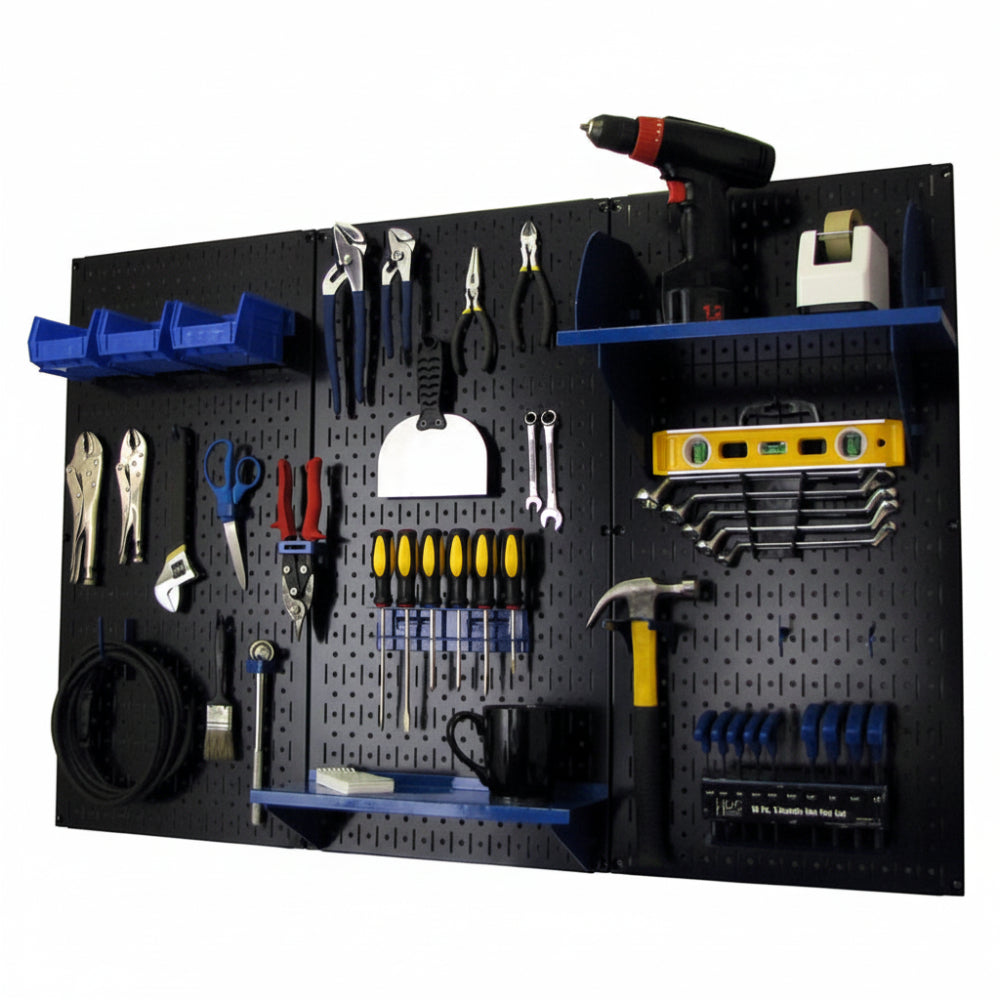 Black metal tool pegboard with blue shelves and tools against a white background