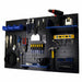 Black metal tool pegboard with blue shelves and tools against a white background
