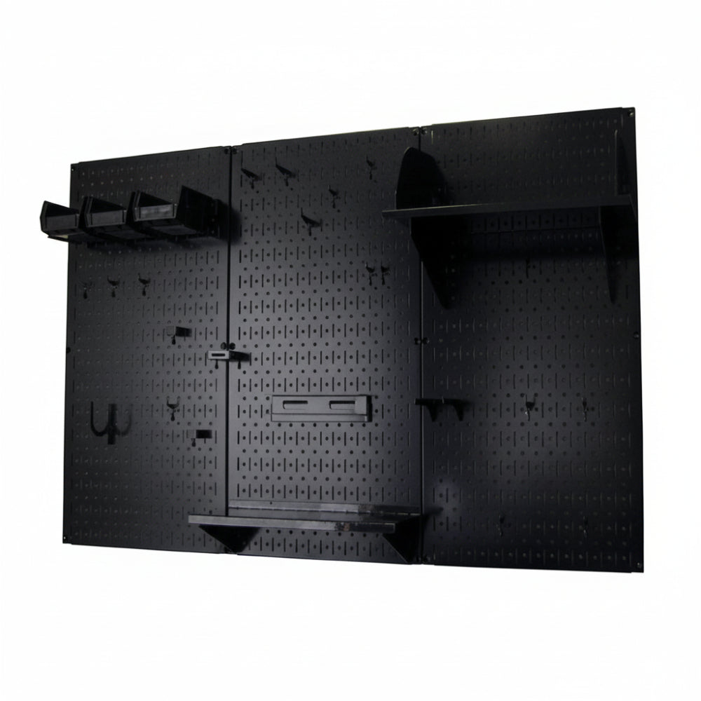 Black pegboard wall organizer with various hooks on a white background