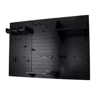 Black pegboard wall organizer with various hooks on a white background
