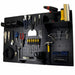 Wall-mounted tool organizer with various tools on a black pegboard