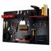 Wall-mounted tool organizer with various tools on a black pegboard