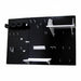Black pegboard with white shelves and hooks on a white background