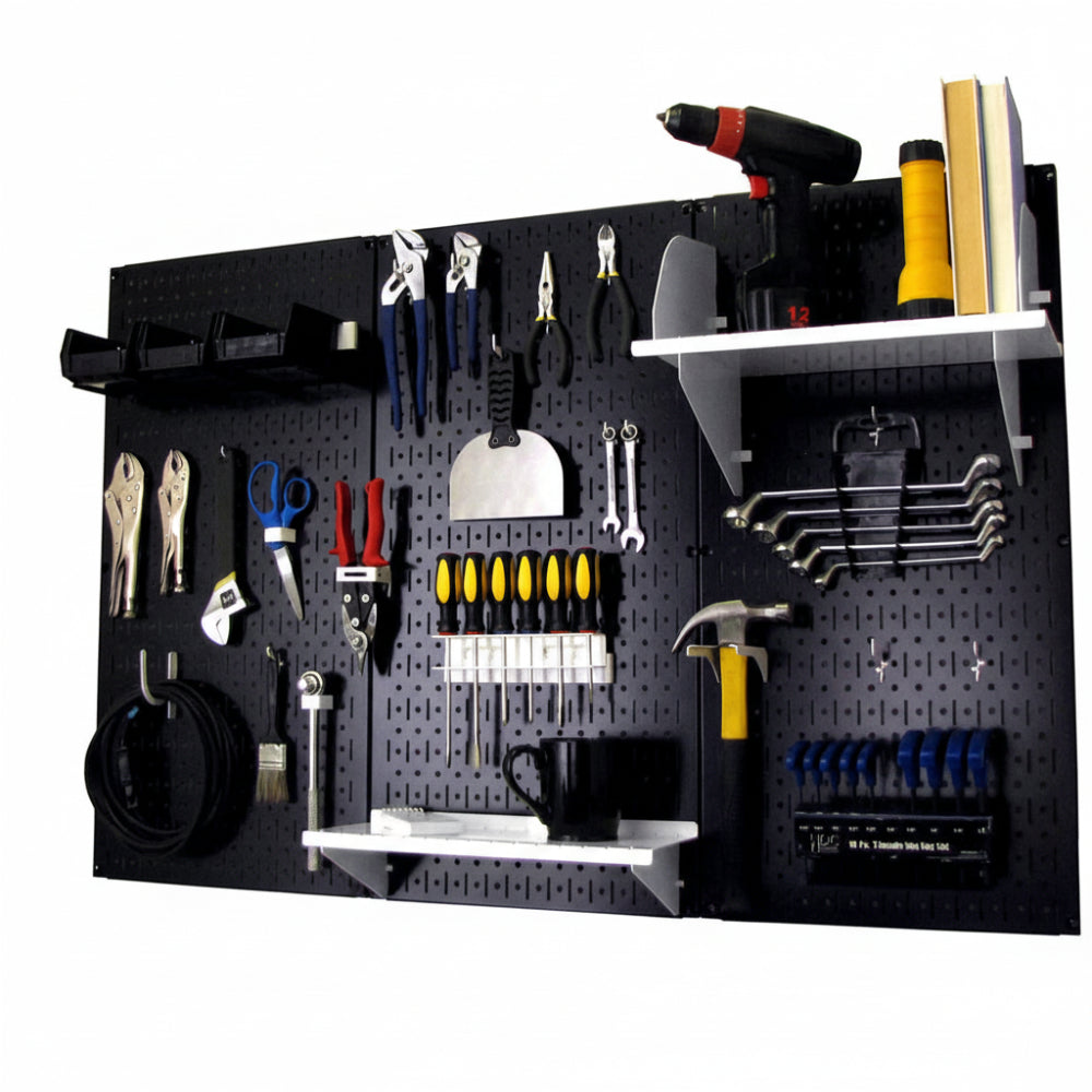 Wall-mounted tool organizer with various tools on a black pegboard