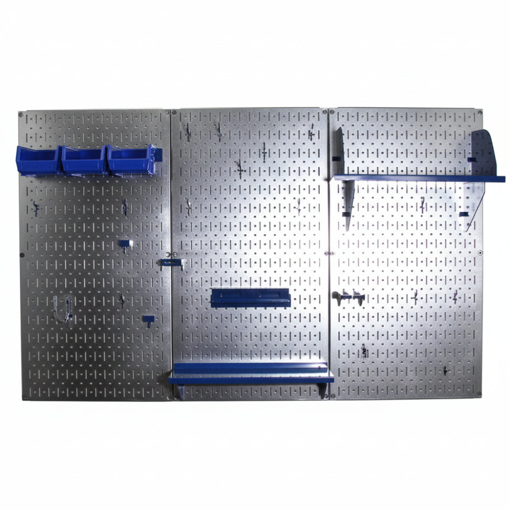 Metal pegboard wall system with blue shelves and hooks on a white background