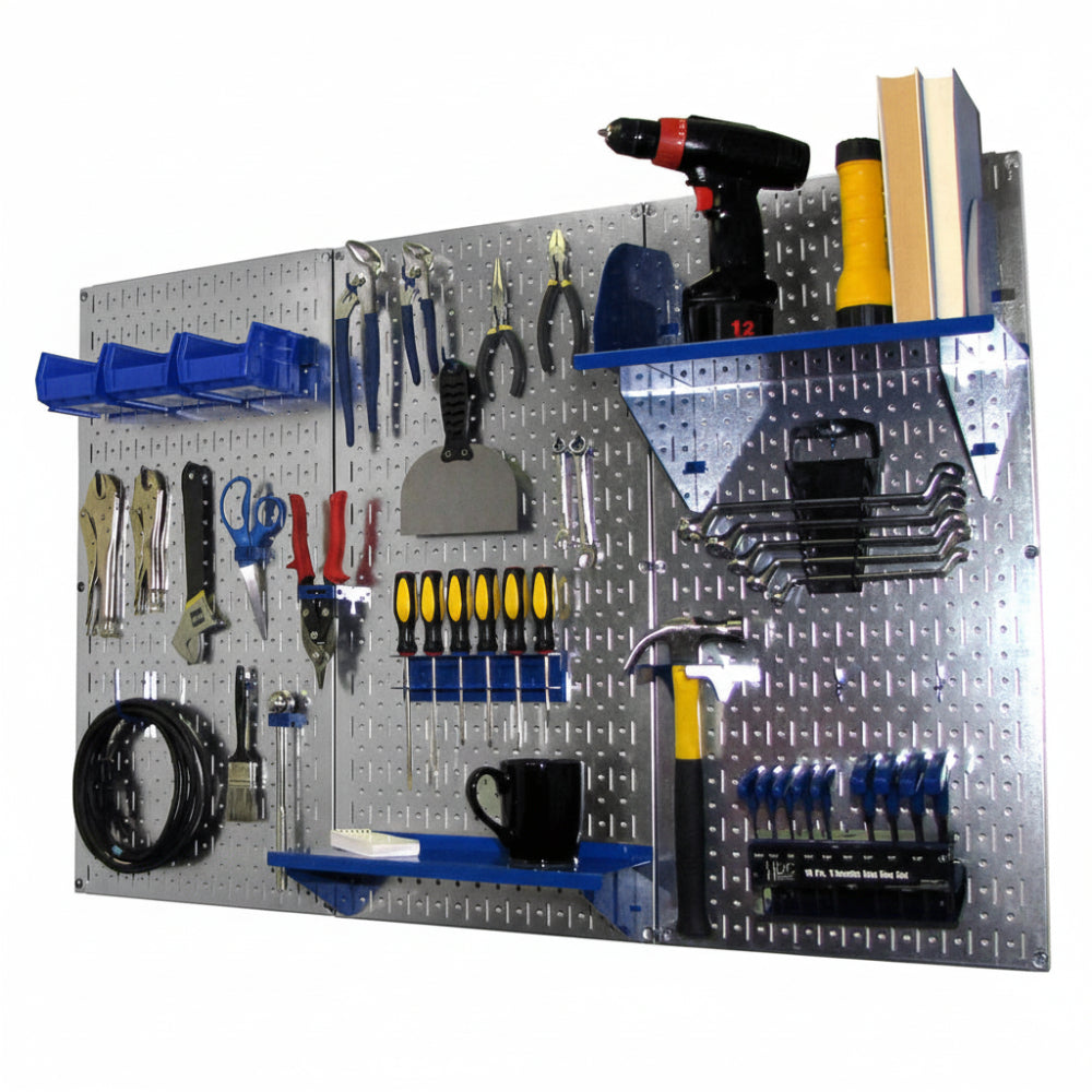 Wall-mounted tool organizer with various tools and supplies on a metallic pegboard.