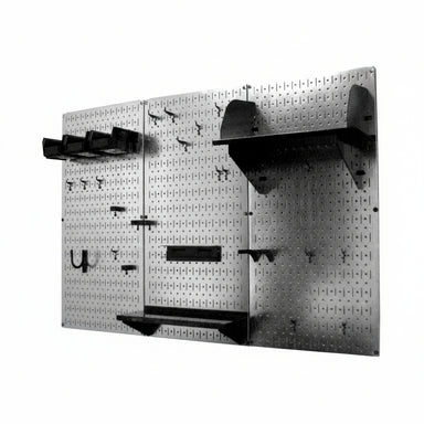Pegboard wall system with shelves and hooks on a white background