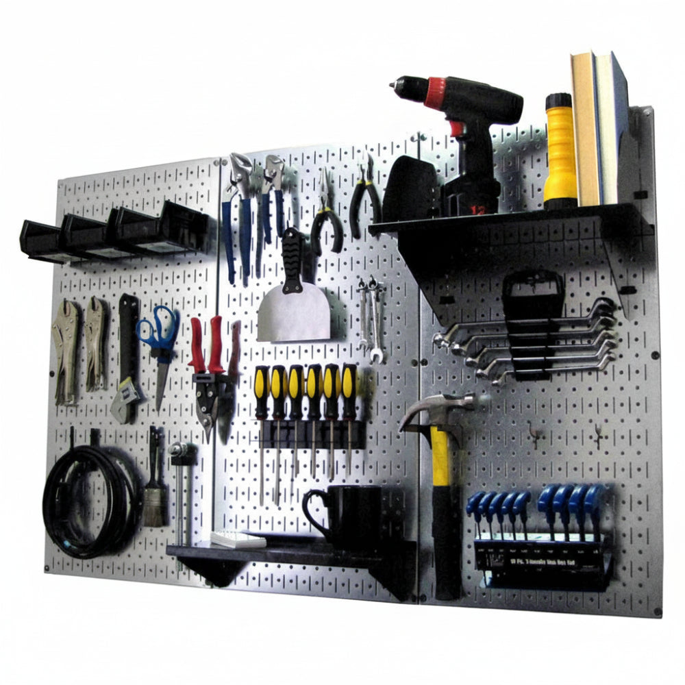 Wall-mounted tool organizer with various tools on a pegboard