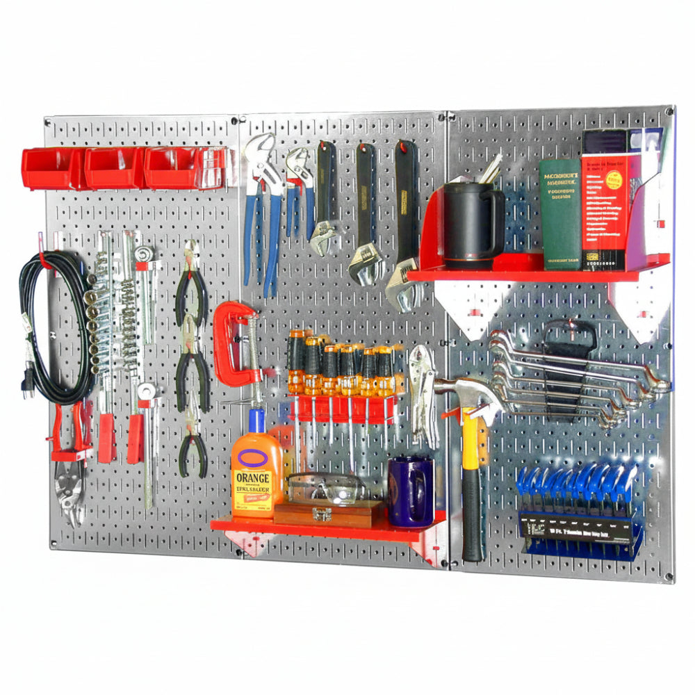 Wall-mounted metal pegboard with various tools and equipment on a white background