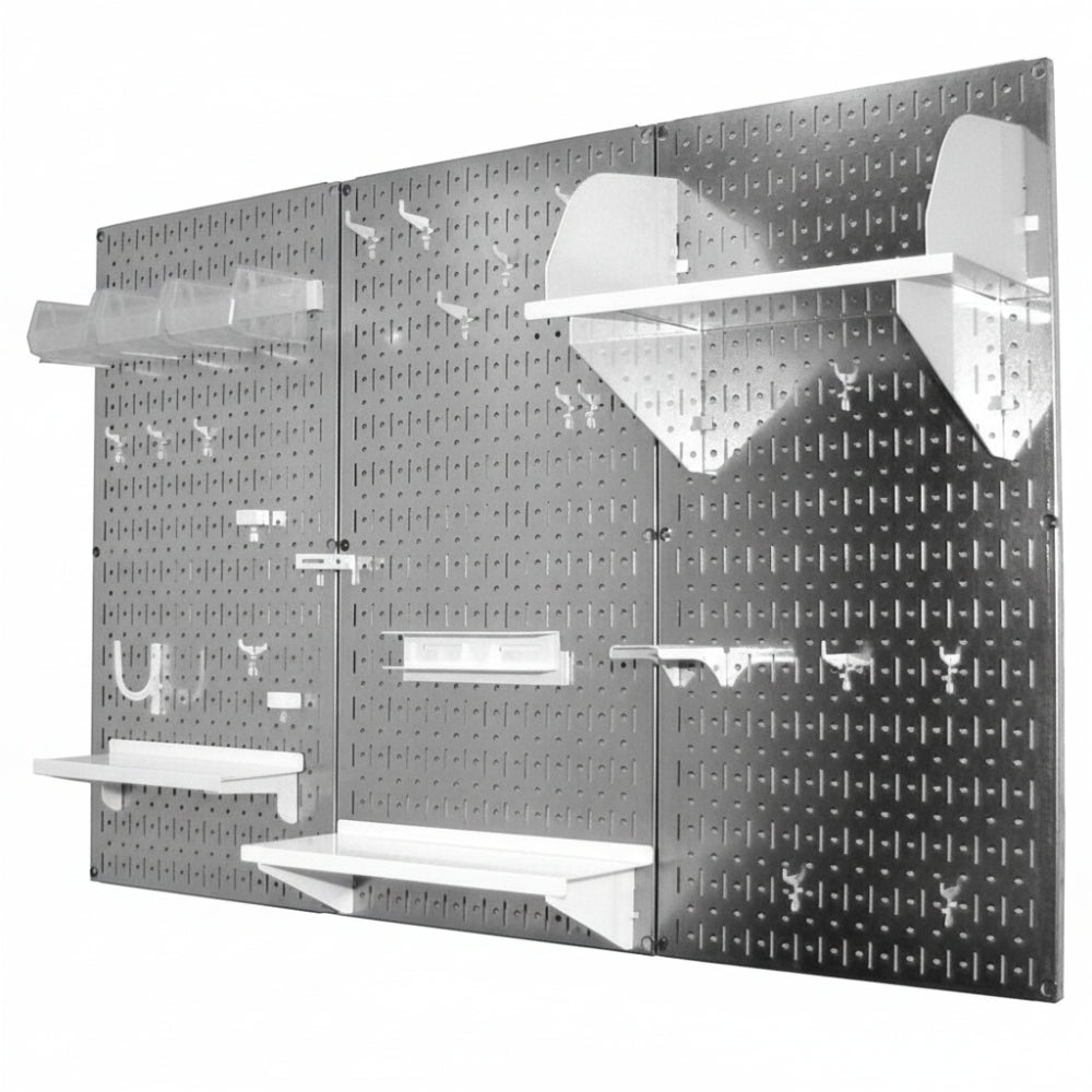 Metal pegboard wall organizer with shelves on a white background