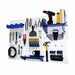 Wall-mounted tool organizer with various tools on a white pegboard