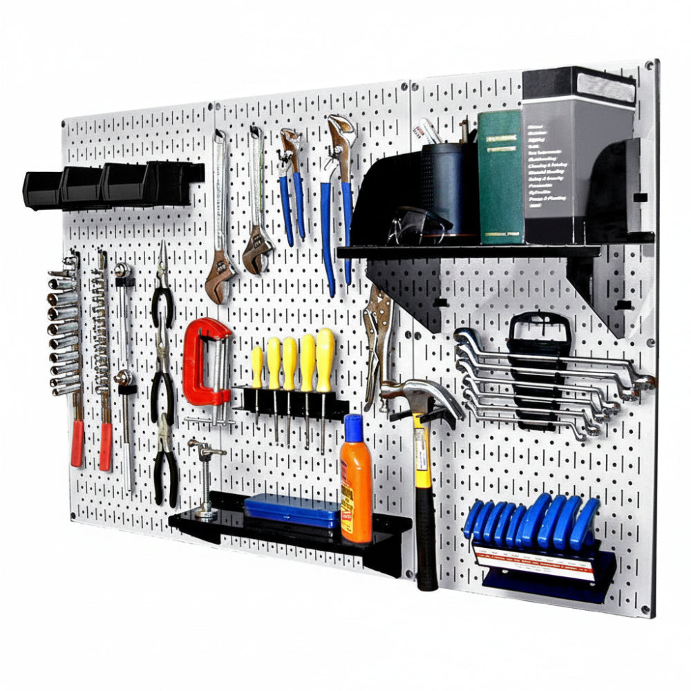 Wall-mounted tool organizer with various tools and supplies on a pegboard