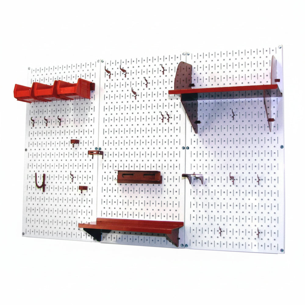 White Pegboard with red and black tools on a white background