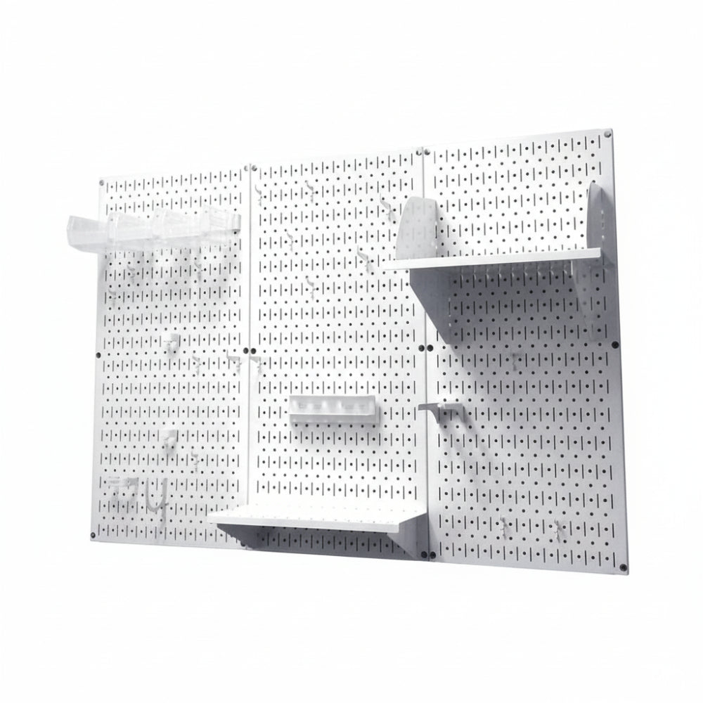 White Pegboard with shelves and hooks on a white background