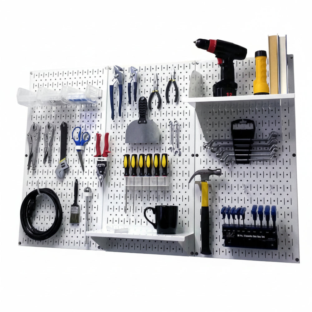 White Pegboard wall organizer with tools and supplies on a white background