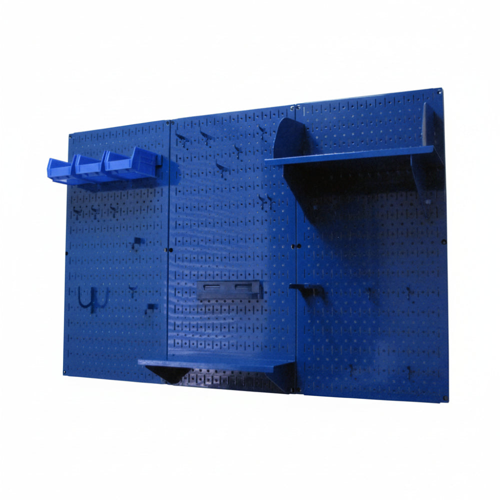Blue pegboard wall organizer with multiple hooks on a white background
