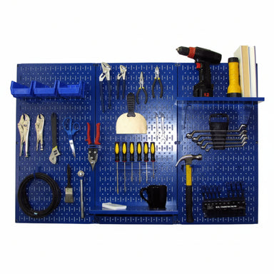 Blue pegboard wall organizer with various tools on a white background