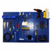 Blue pegboard wall organizer with various tools on a white background