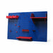 Blue pegboard wall with red shelves and hooks on a white background