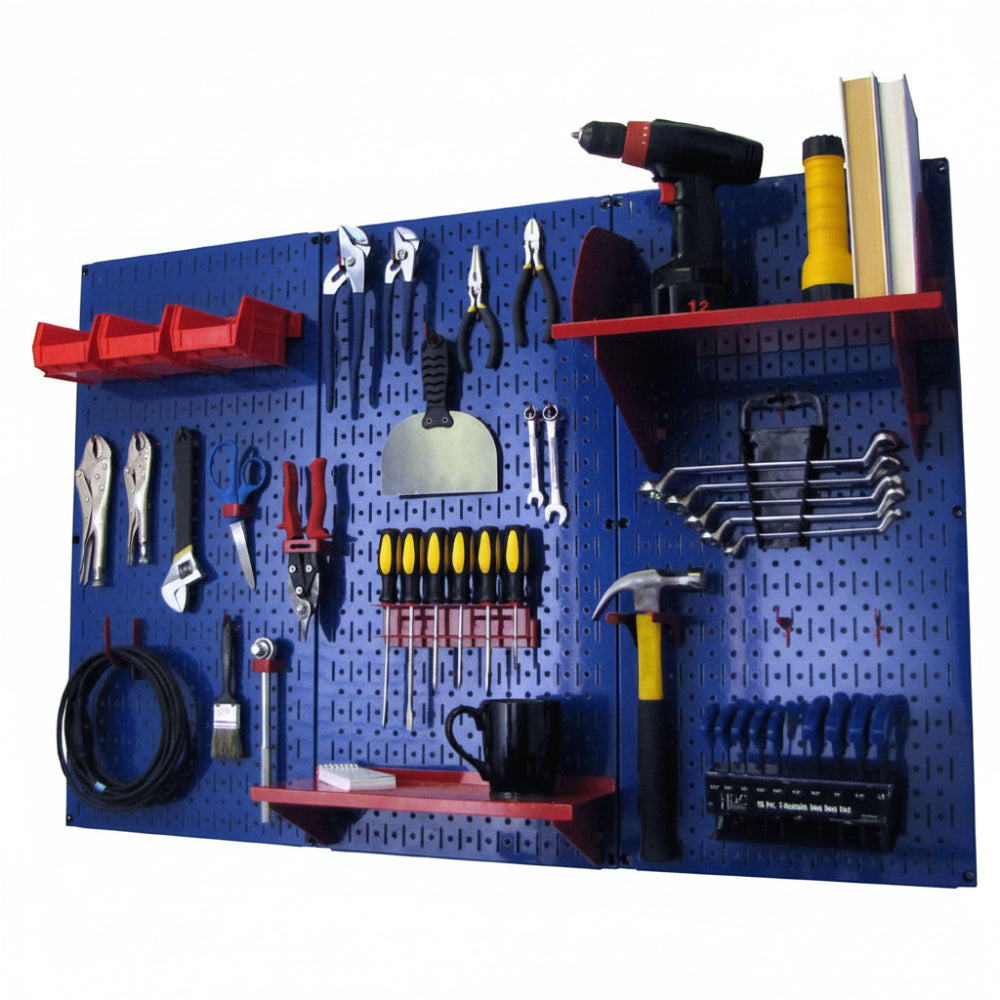 Wall mounted blue tool pegboard against a white background
