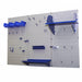 Wall-mounted pegboard with blue shelves and hooks on a white background