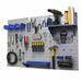 Wall mounted gray tool pegboard with blue shelves against a white background