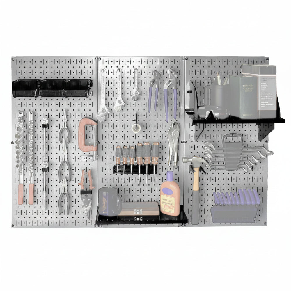 Pegboard wall organizer with tools and supplies on a white background