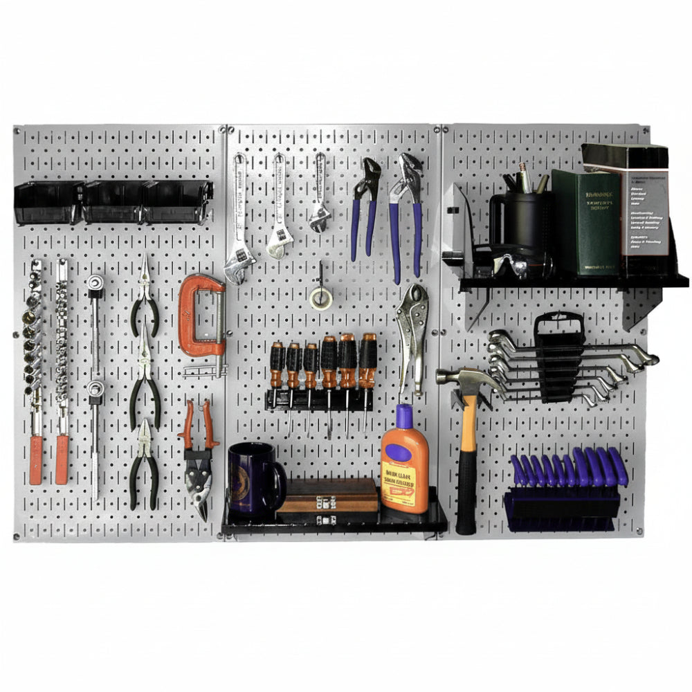 Wall-mounted tool organizer with various tools and supplies on a pegboard.